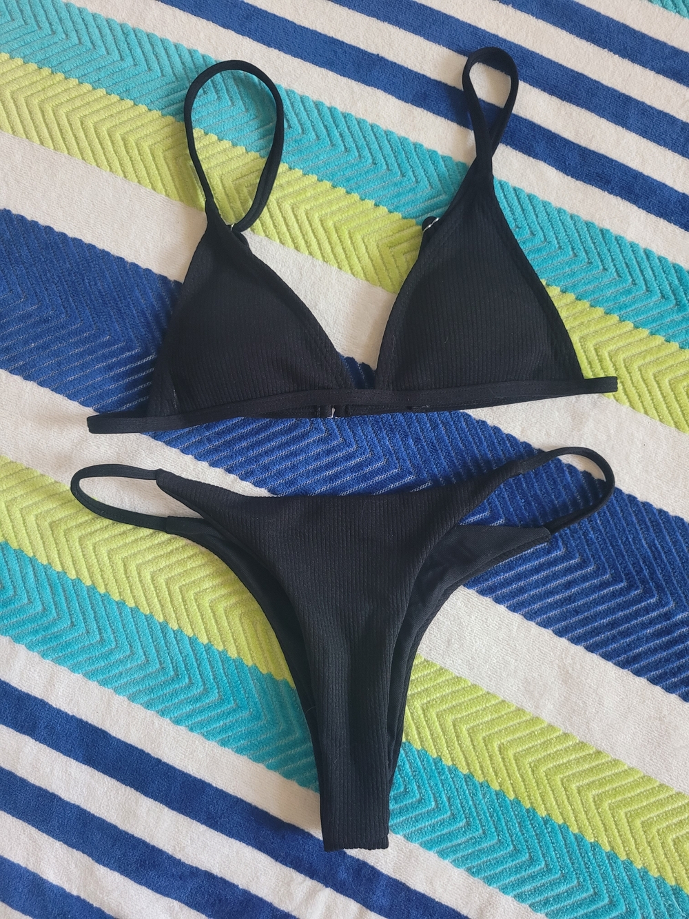 SHEIN Black Ribbed Triangle Bikini Set